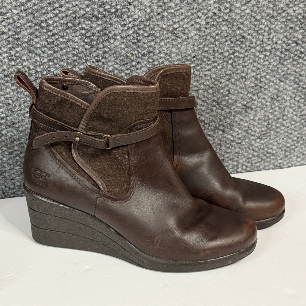 UGG EMALIE Waterproof Leather Brown Ankle Boots WEDGE Booties Size US 8.5